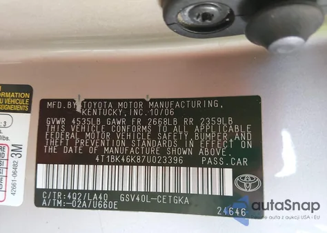 2007 Toyota Camry Xle V6 from USA, damaged, VIN 4T1BK46K87U023396